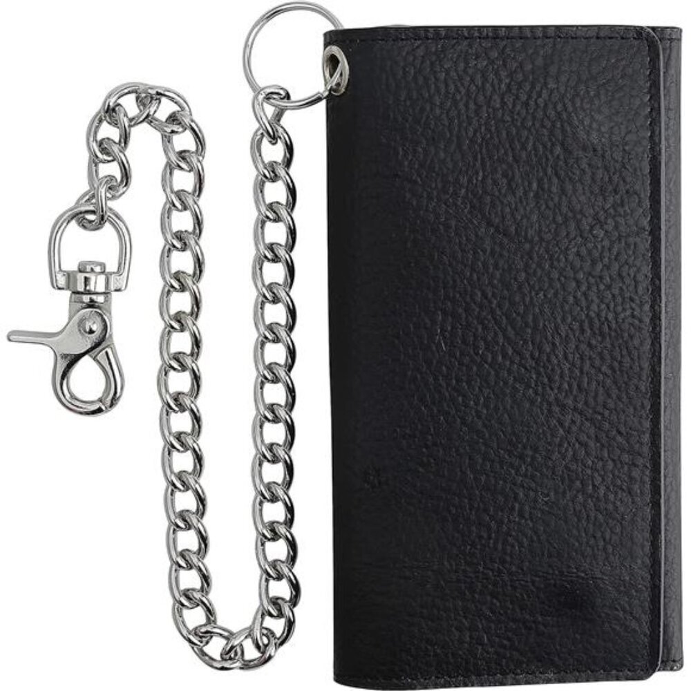 Men's Tri-fold Long Style Cowhide Leather Steel Chain Wallet